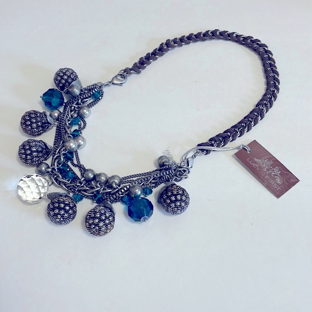Lucy The First Necklace | Blue, Tarnished Gold & Crystal Jewels